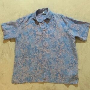 Island Importer Linen Shirt XXL Blue Pink Floral Short Sleeve